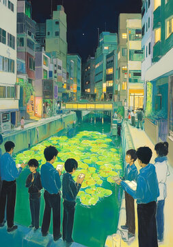 夜色下的城市運(yùn)河，繁華與靜謐的交織