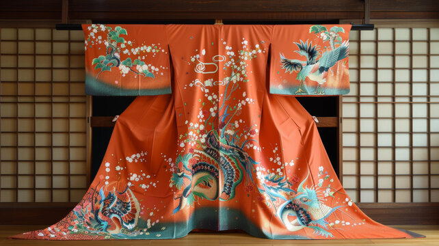傳統(tǒng)日本和服，花卉和鳥類刺繡