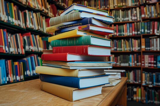 圖書館木桌上放著一大摞書