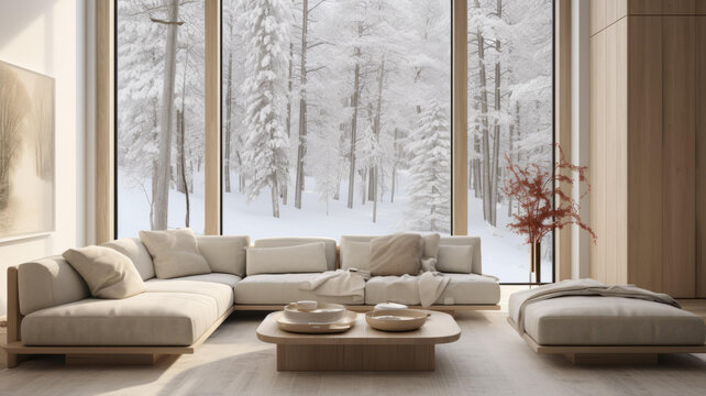 落地窗與白雪皚皚森林景觀的現(xiàn)代客廳內(nèi)景
