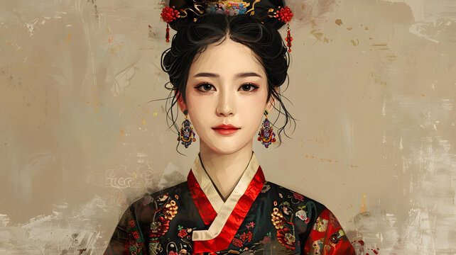 身穿韓國(guó)傳統(tǒng)服飾的年輕韓國(guó)女性肖像