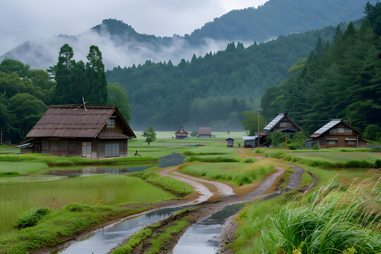 群山環(huán)繞的山谷中茅草屋頂?shù)姆课? style=