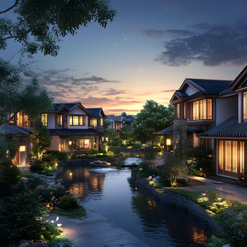 中國傳統(tǒng)建筑風(fēng)格的房屋，河流和花園在日落時分
