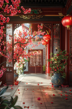 中國(guó)園林的櫻花和紅燈籠
