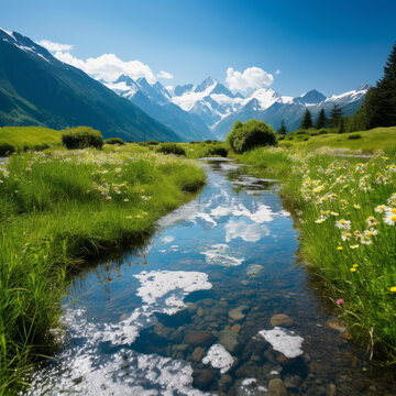山谷中流淌的河流和山脈的美麗景色