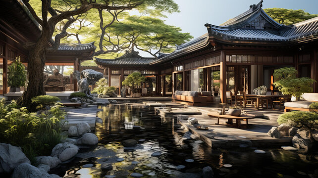 帶池塘的庭院和遠(yuǎn)處的房子