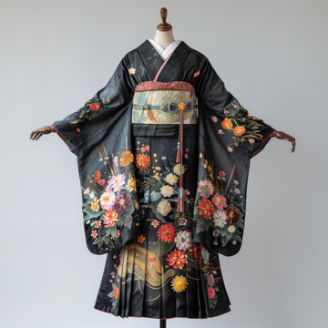 身穿黑色花卉圖案和服的女性
