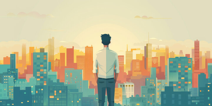 一個人站在高樓林立的城市中眺望遠(yuǎn)方