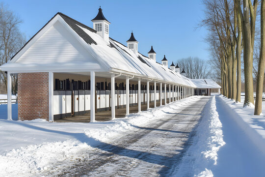 白色馬廄，屋頂和地面覆蓋著雪