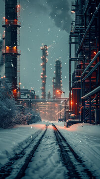 白雪皚皚的鐵軌通向夜幕下的工業(yè)建筑群