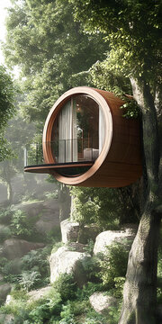 森林中圓形木質(zhì)樹屋小屋