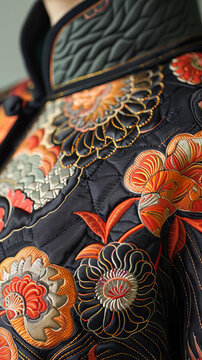 一件黑色刺繡花卉圖案的衣服的特寫