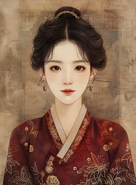身穿韓國(guó)傳統(tǒng)服飾的年輕女子肖像