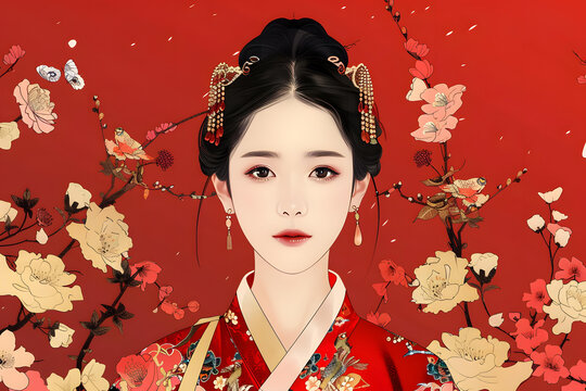 身穿中國傳統(tǒng)服飾的年輕女子肖像