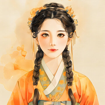 身穿韓國傳統(tǒng)服飾的年輕女子肖像