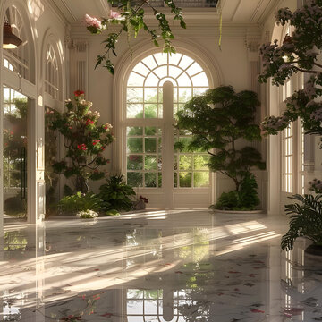 室內(nèi)花園,陽(yáng)光透過(guò)落地窗照射進(jìn)來(lái)