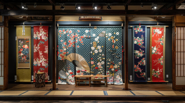 種類繁多的色彩鮮艷、圖案精美的日本和服和服帶，以傳統(tǒng)方式展示