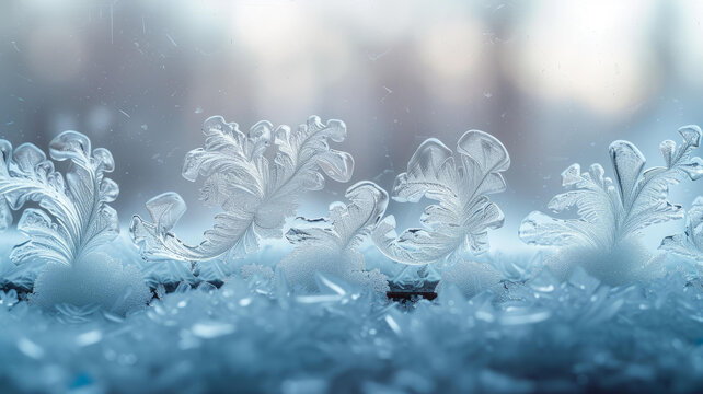 雪花和冰晶在窗玻璃上的特寫
