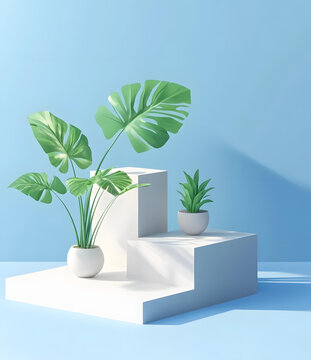 簡約白色平臺綠植背景