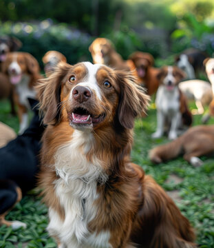 一只可愛(ài)的澳大利亞牧羊犬幼崽坐在一群狗身邊