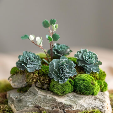 石頭上的綠色苔蘚和多肉植物