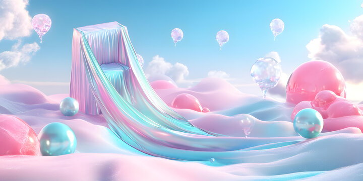 夢(mèng)幻般的3D，帶有氣球和椅子的夢(mèng)境景觀