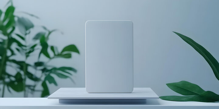 白色手機模型平臺綠葉虛化背景