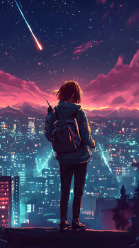 夜晚繁星下眺望城市的女孩