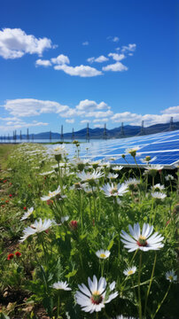 太陽能電池板前盛開的白色的雛菊花田