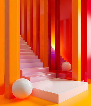 橙色和紅色柱子抽象3D樓梯
