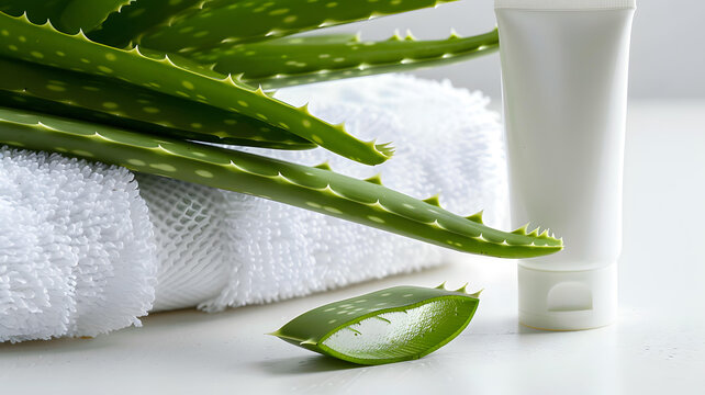 蘆薈植物和白色毛巾上的乳液管