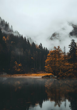 霧氣彌漫的森林山間湖泊