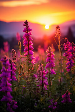 夕陽下的紫色花田