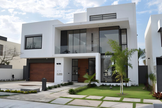 現(xiàn)代白色房屋建筑，木質(zhì)前門和大型窗戶