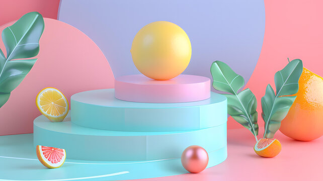 彩色幾何圖形和水果的抽象3D渲染