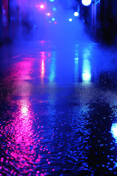 雨夜城市街道五光十色燈影倒映在濕潤路面上