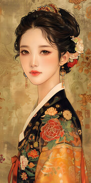 韓國古代仕女圖，韓國傳統(tǒng)服飾，發(fā)簪花朵，韓國傳統(tǒng)耳飾。