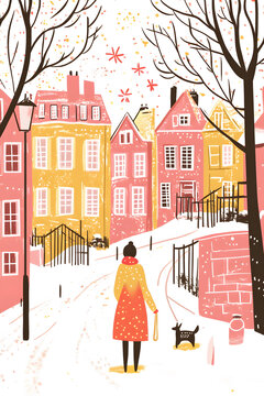 冬季雪景：女人牽著狗在雪地里行走