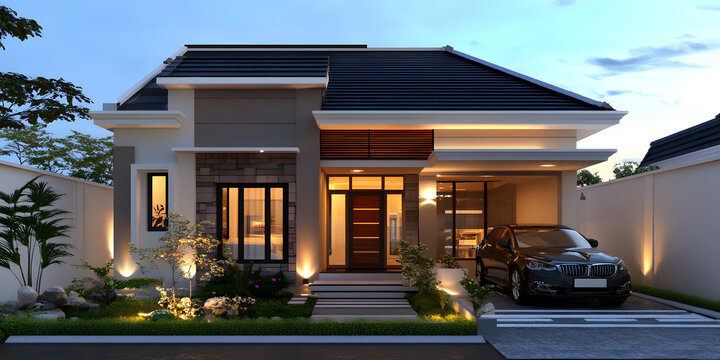 現(xiàn)代風(fēng)格住宅設(shè)計(jì)，帶黑色汽車的車道