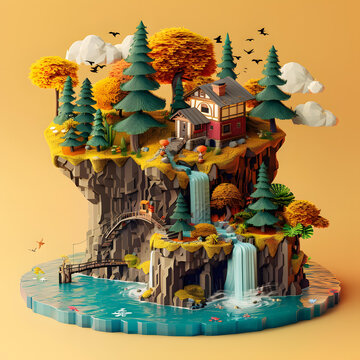 低多邊形秋季景觀，帶瀑布和小屋
