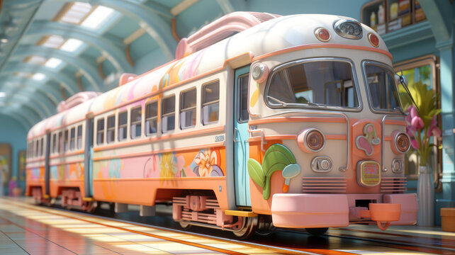 一輛粉白色涂有花朵圖案的列車?？吭谲囌? style=