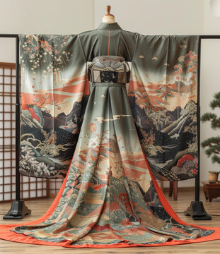 一件繡有山川和櫻花圖案的和服