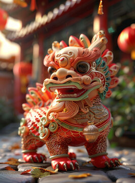 一只紅金色的中國獅子像