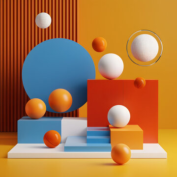 橙色藍色幾何形狀抽象3D渲染