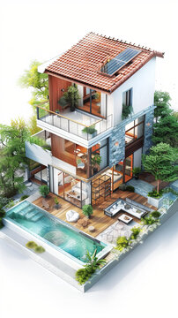 一棟帶游泳池和花園的現(xiàn)代兩層住宅