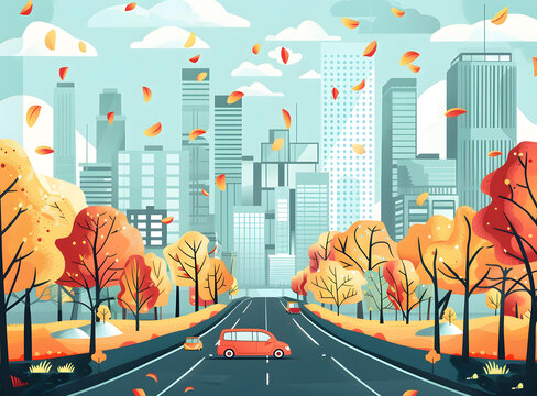 秋天的城市風景, 道路上的汽車和樹木