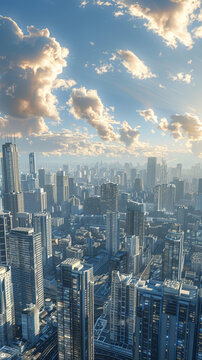 俯瞰未來都市摩天大樓與蔚藍(lán)天空交相輝映
