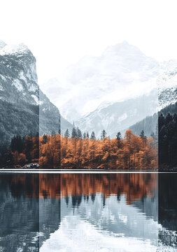 秋日山湖倒影的景色