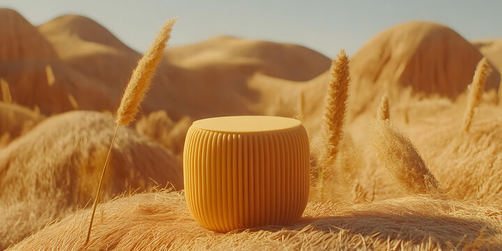金色草地背景的黃色產(chǎn)品展示臺(tái)