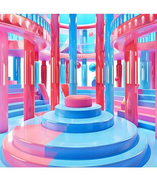 彩色未來主義建筑內(nèi)部抽象3D渲染